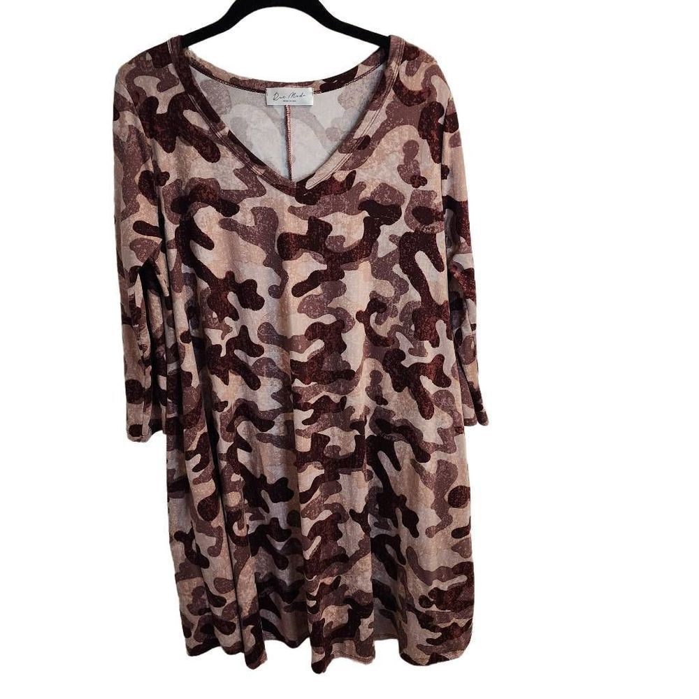 Rae Mode Womens Red Pink Camouflage Half Sleeve V Neck Tunic Dress Size Large